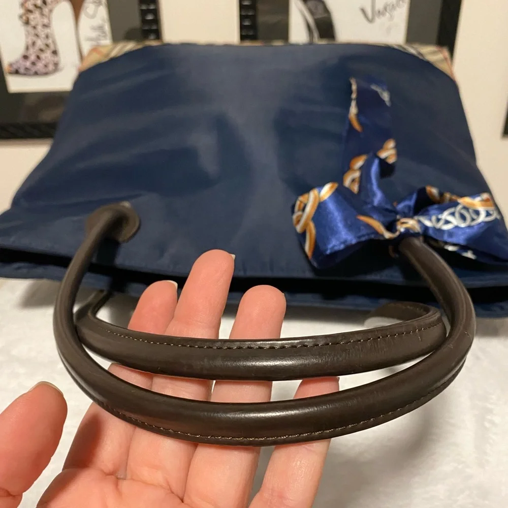 Burberry Navy Tote with Chain-Print Scarf Accent